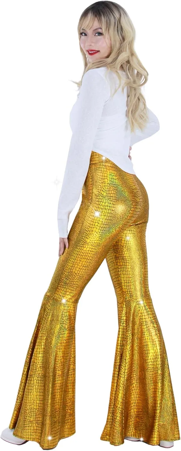 Womens Sequin Flare Pant Sparkly High Waisted Leg Bell Bottom Glitter Trousers Night Out Clubwear