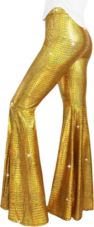 Womens Sequin Flare Pant Sparkly High Waisted Leg Bell Bottom Glitter Trousers Night Out Clubwear