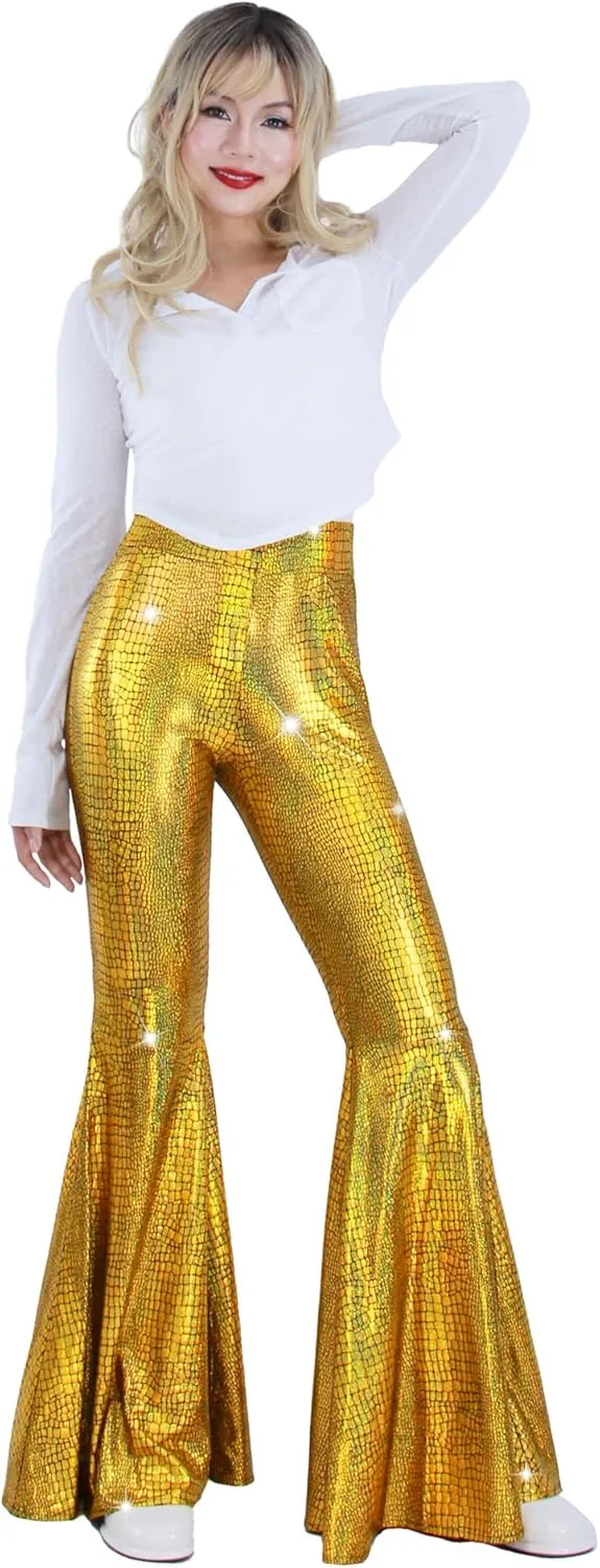 Womens Sequin Flare Pant Sparkly High Waisted Leg Bell Bottom Glitter Trousers Night Out Clubwear