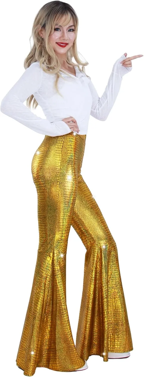 Womens Sequin Flare Pant Sparkly High Waisted Leg Bell Bottom Glitter Trousers Night Out Clubwear