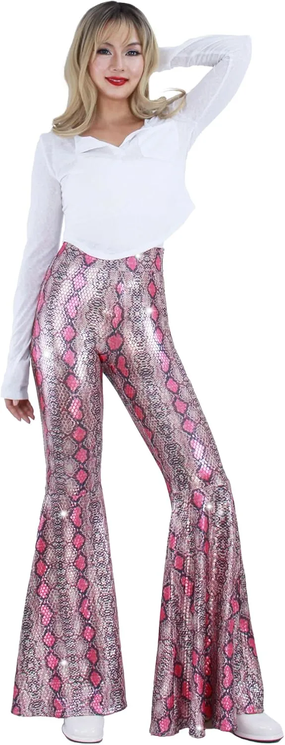 Womens Sequin Flare Pant Sparkly High Waisted Leg Bell Bottom Glitter Trousers Night Out Clubwear