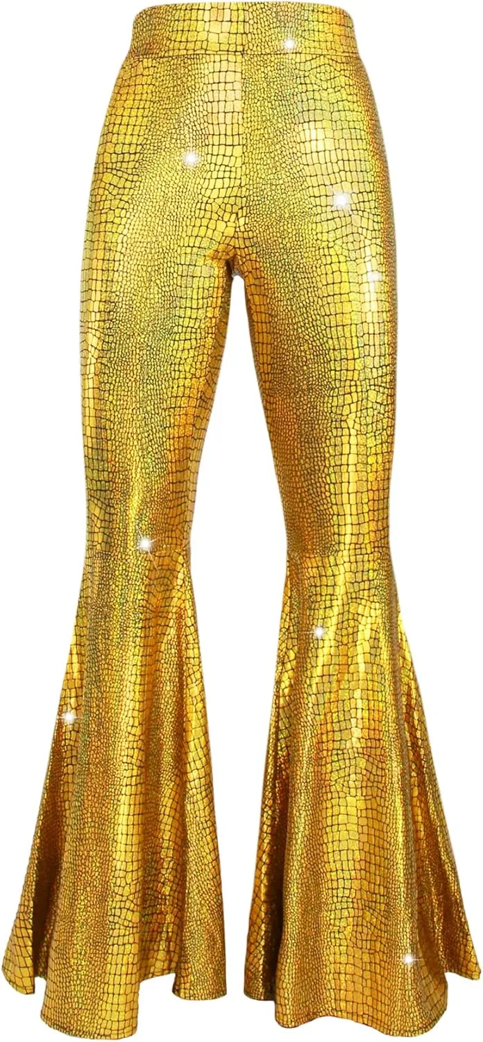 Womens Sequin Flare Pant Sparkly High Waisted Leg Bell Bottom Glitter Trousers Night Out Clubwear