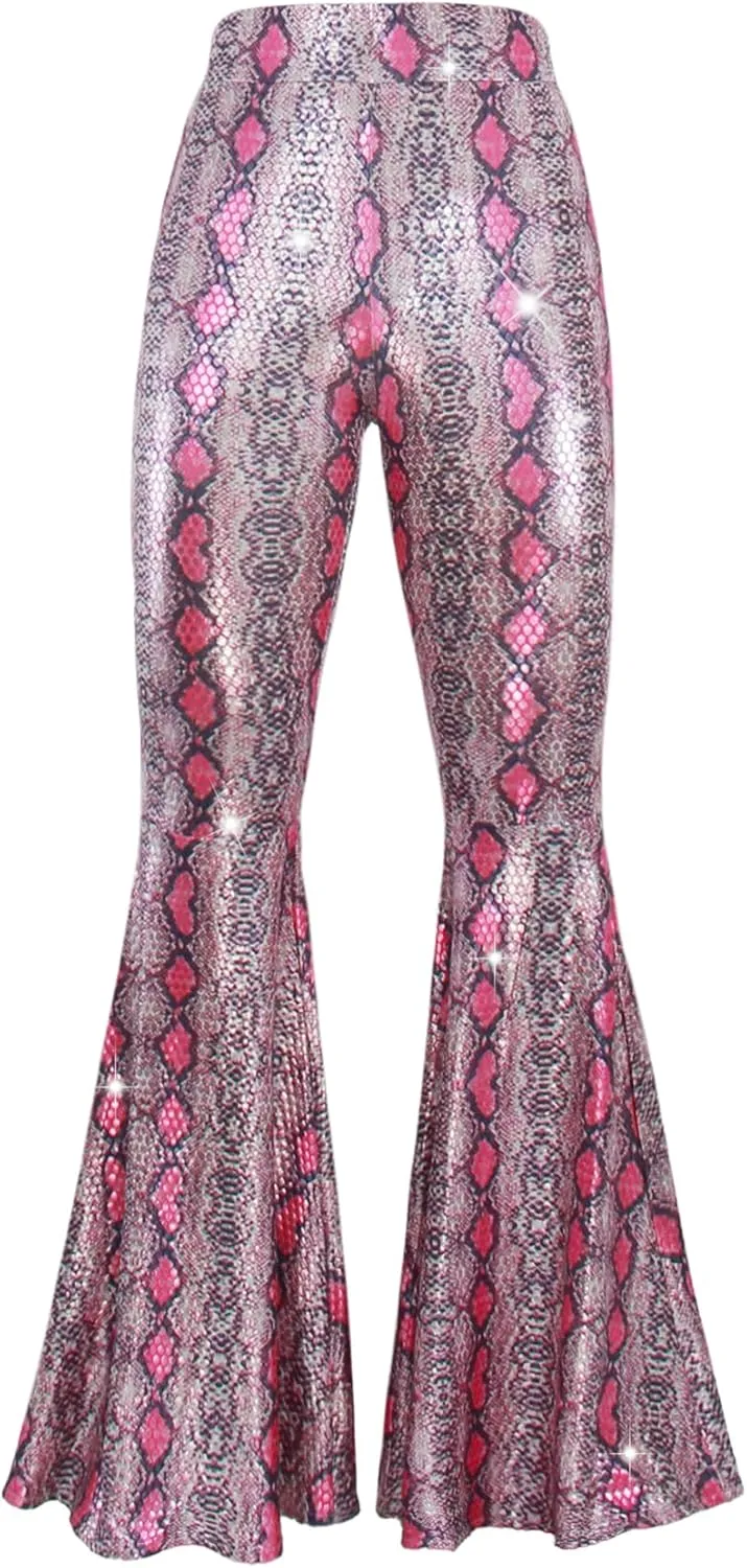 Womens Sequin Flare Pant Sparkly High Waisted Leg Bell Bottom Glitter Trousers Night Out Clubwear