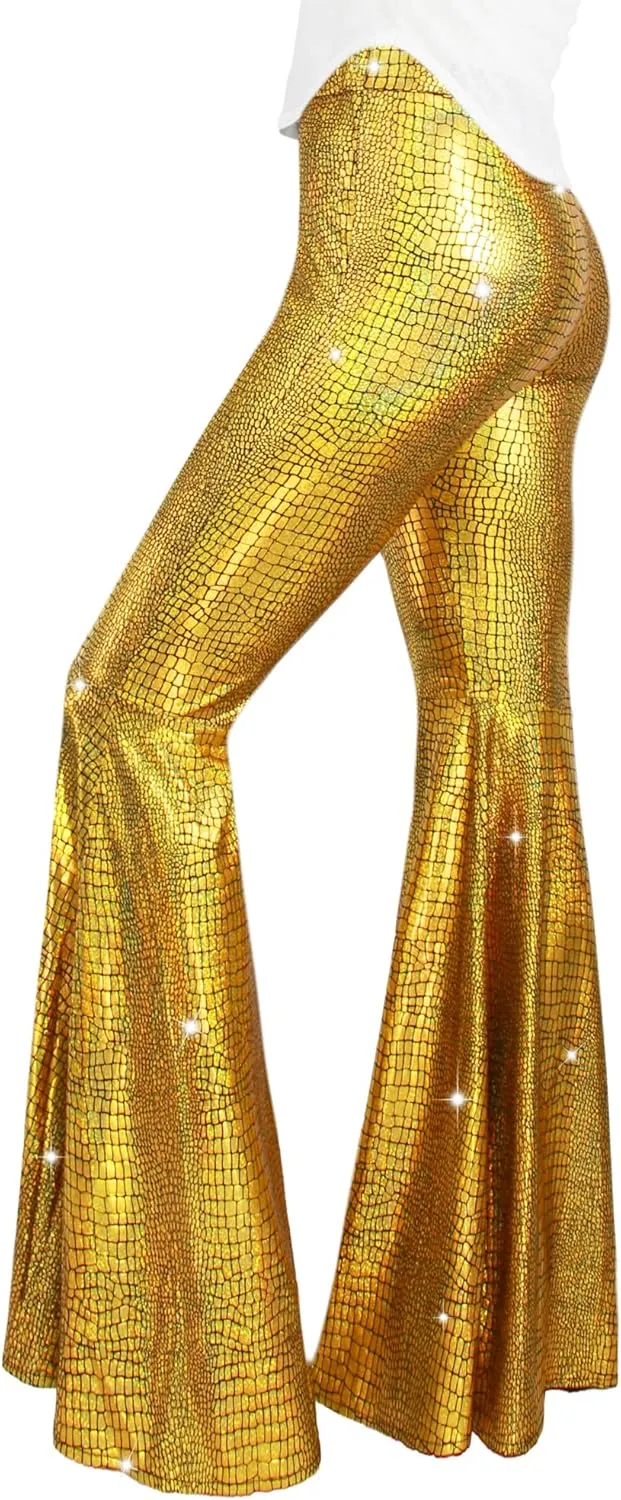 Womens Sequin Flare Pant Sparkly High Waisted Leg Bell Bottom Glitter Trousers Night Out Clubwear