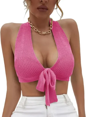 Women's Sexy Deep V Neck Crop Tops Halter Knit Ribbed Bow-Knot Front Backless Cleavage Cropped Tank Top