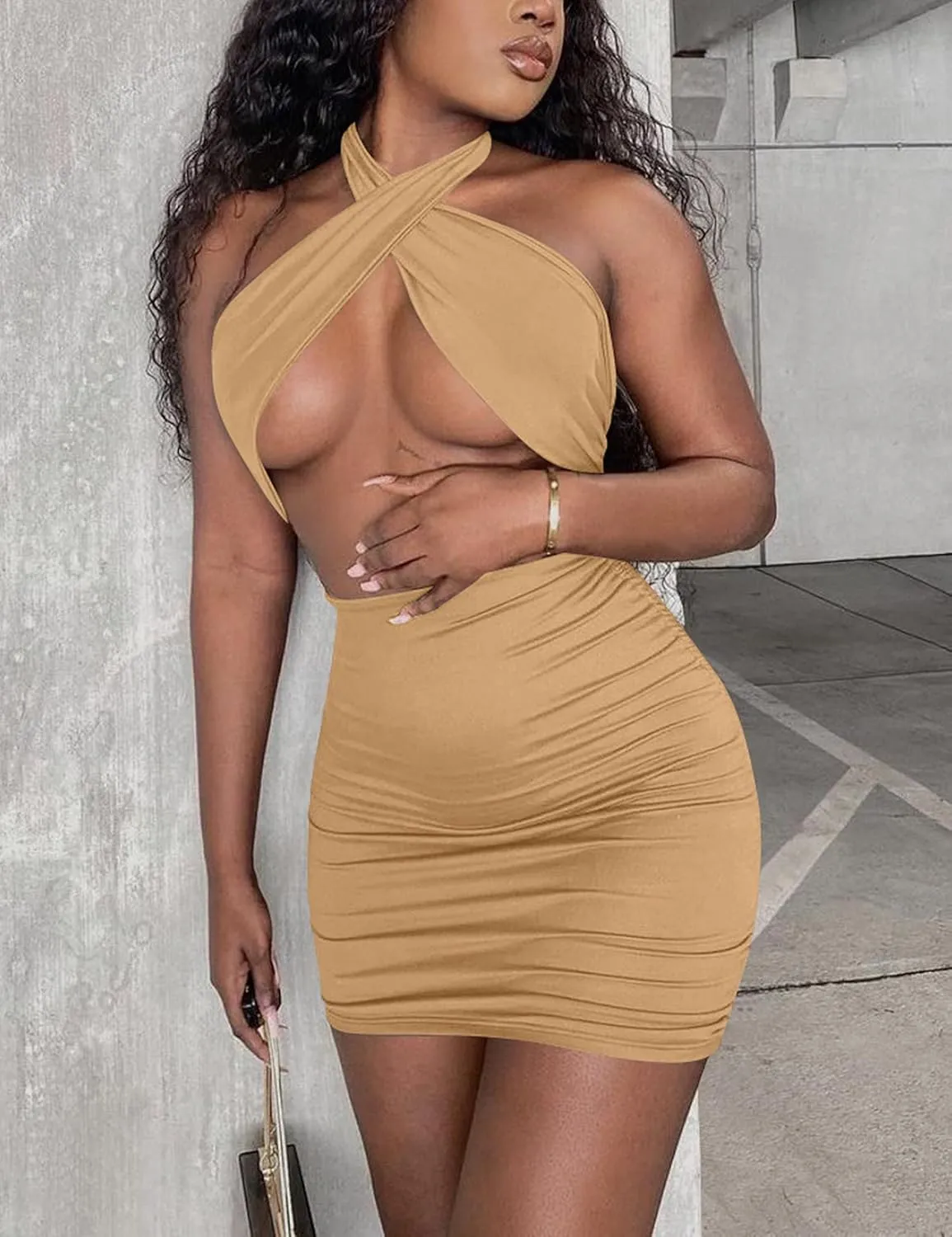 Women's Sexy Ruched Bodycon Halter Criss Cross Cut Out Backless Mini Club Party Dresses