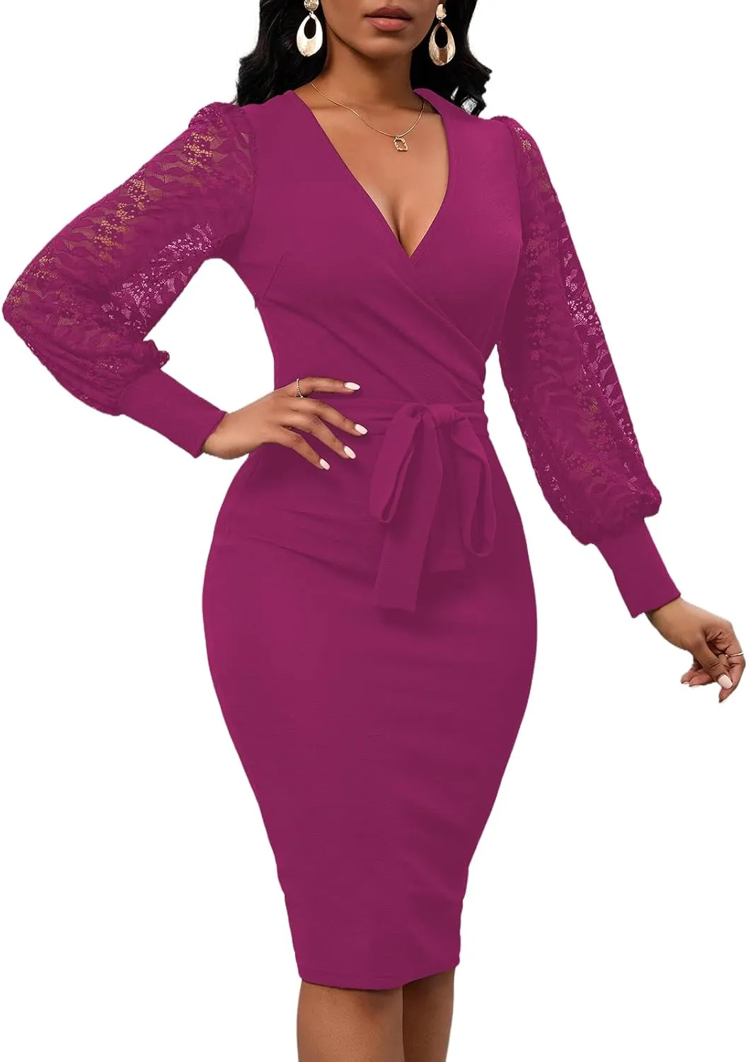 Womens Sexy Wrap V Neck Lantern Lace Long Sleeve Bodycon Midi Dress Semi Formal Cocktail Party Dresses
