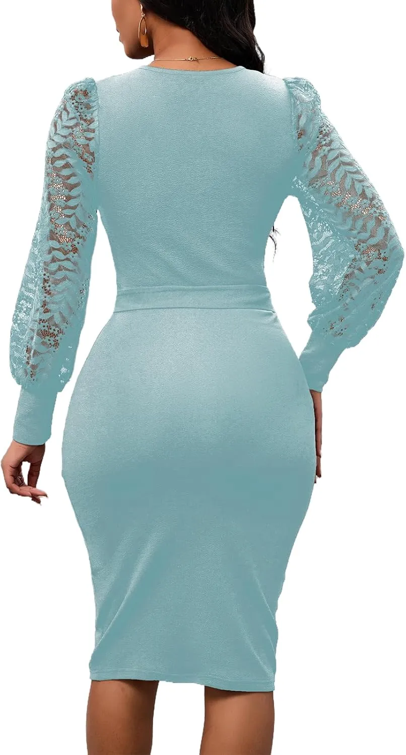 Womens Sexy Wrap V Neck Lantern Lace Long Sleeve Bodycon Midi Dress Semi Formal Cocktail Party Dresses