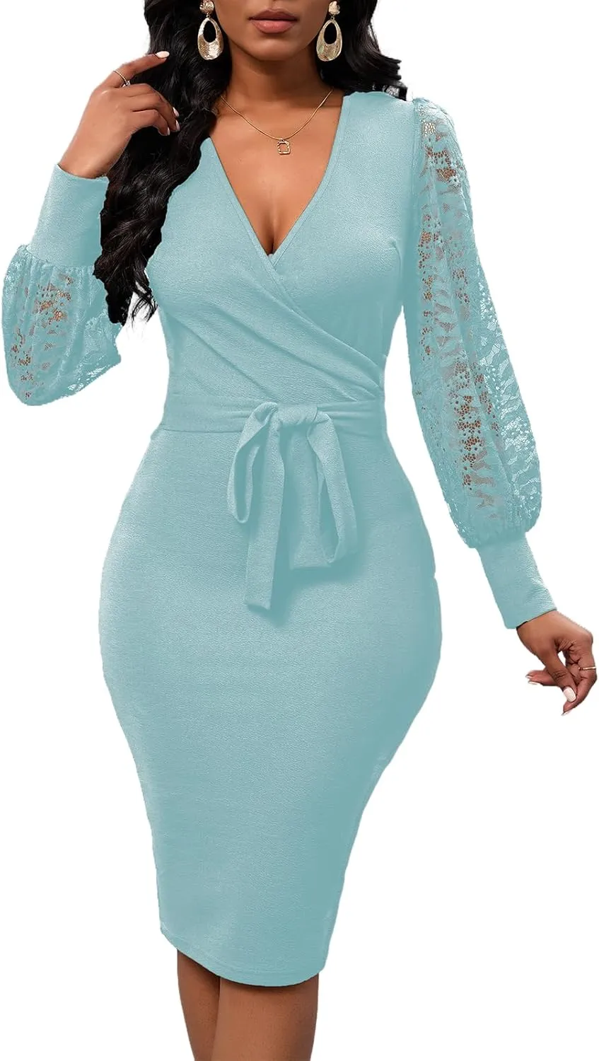 Womens Sexy Wrap V Neck Lantern Lace Long Sleeve Bodycon Midi Dress Semi Formal Cocktail Party Dresses