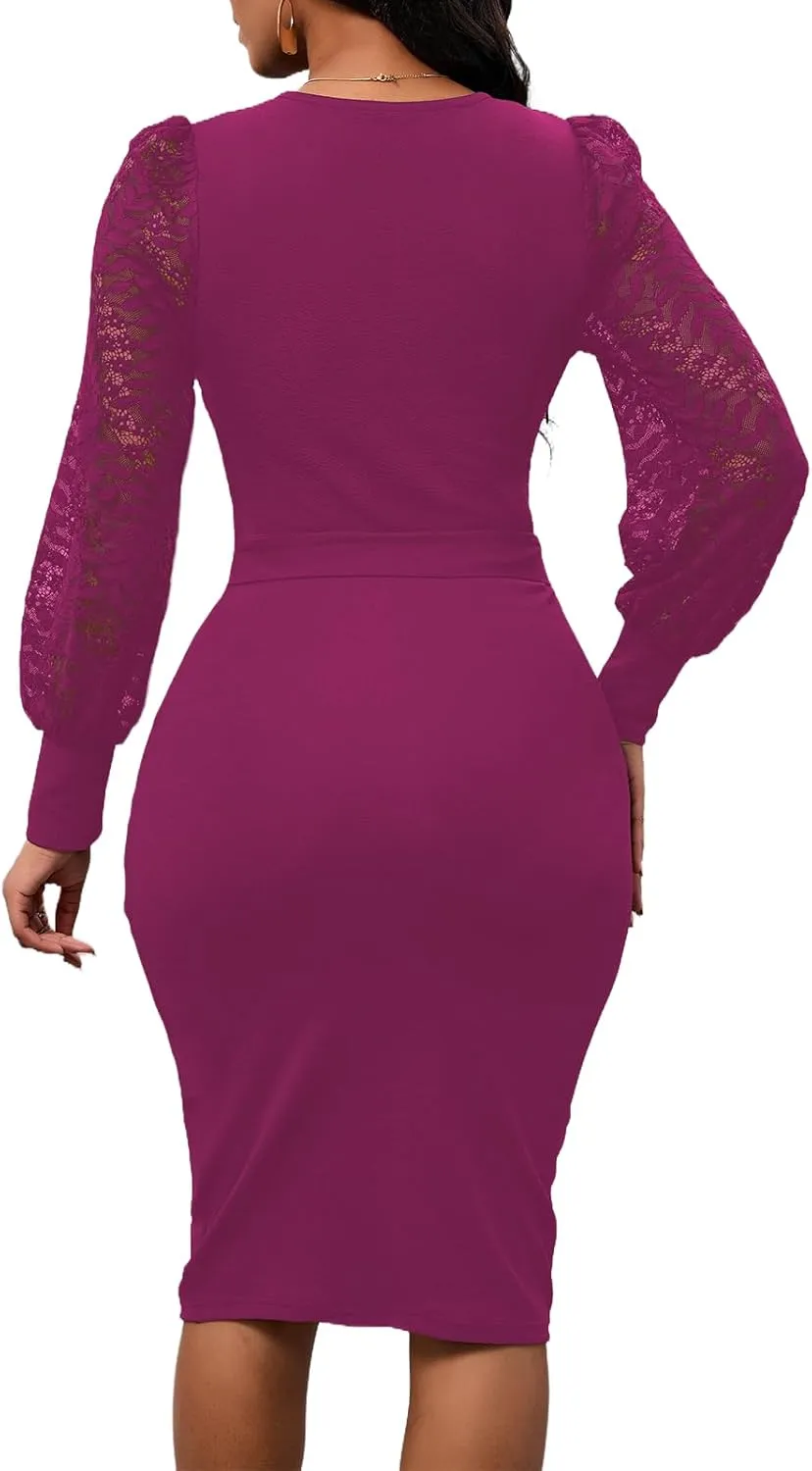 Womens Sexy Wrap V Neck Lantern Lace Long Sleeve Bodycon Midi Dress Semi Formal Cocktail Party Dresses