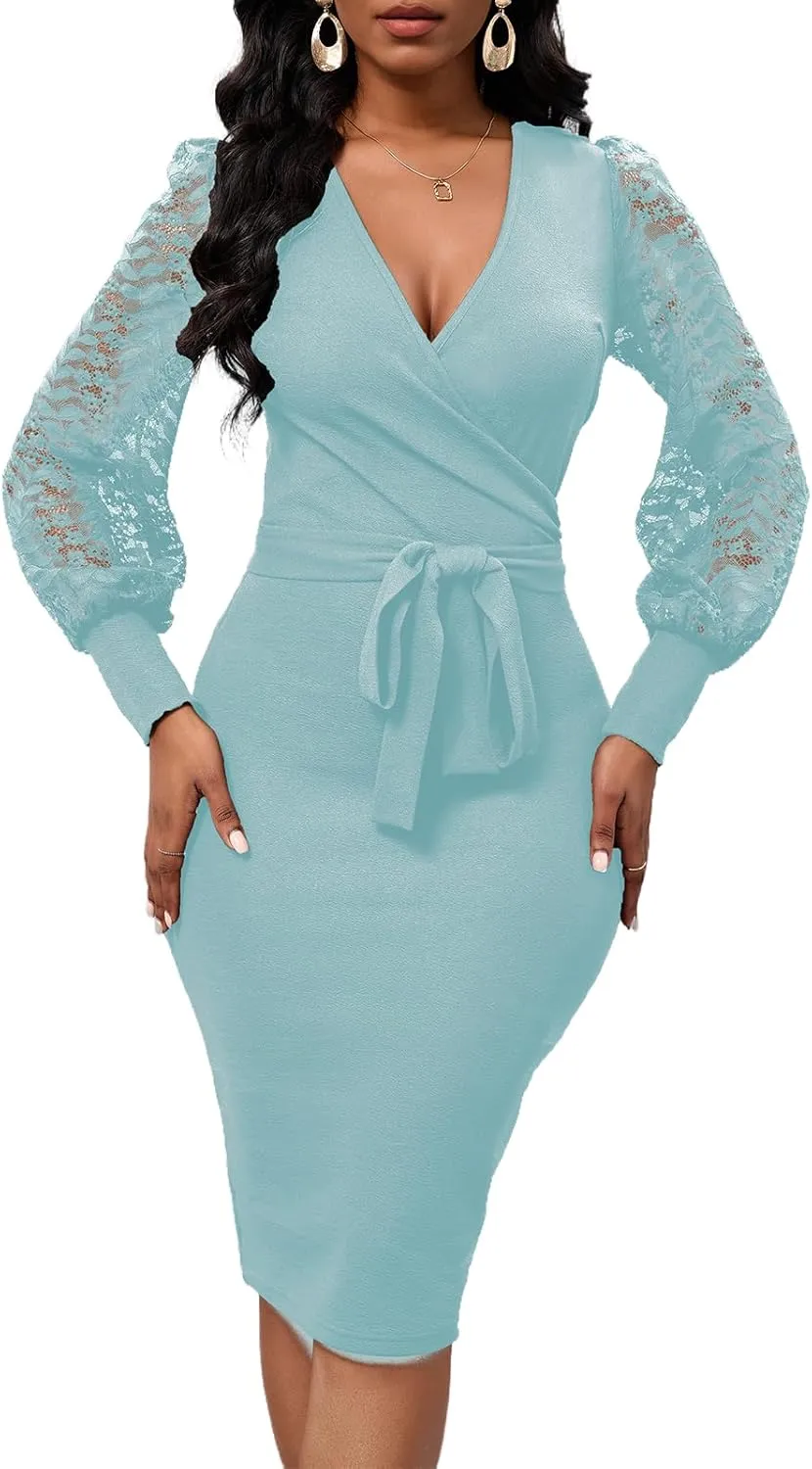 Womens Sexy Wrap V Neck Lantern Lace Long Sleeve Bodycon Midi Dress Semi Formal Cocktail Party Dresses