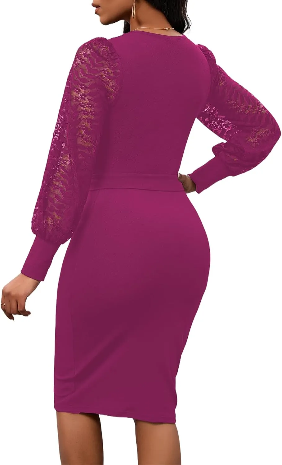 Womens Sexy Wrap V Neck Lantern Lace Long Sleeve Bodycon Midi Dress Semi Formal Cocktail Party Dresses
