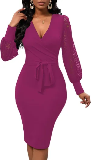 Womens Sexy Wrap V Neck Lantern Lace Long Sleeve Bodycon Midi Dress Semi Formal Cocktail Party Dresses