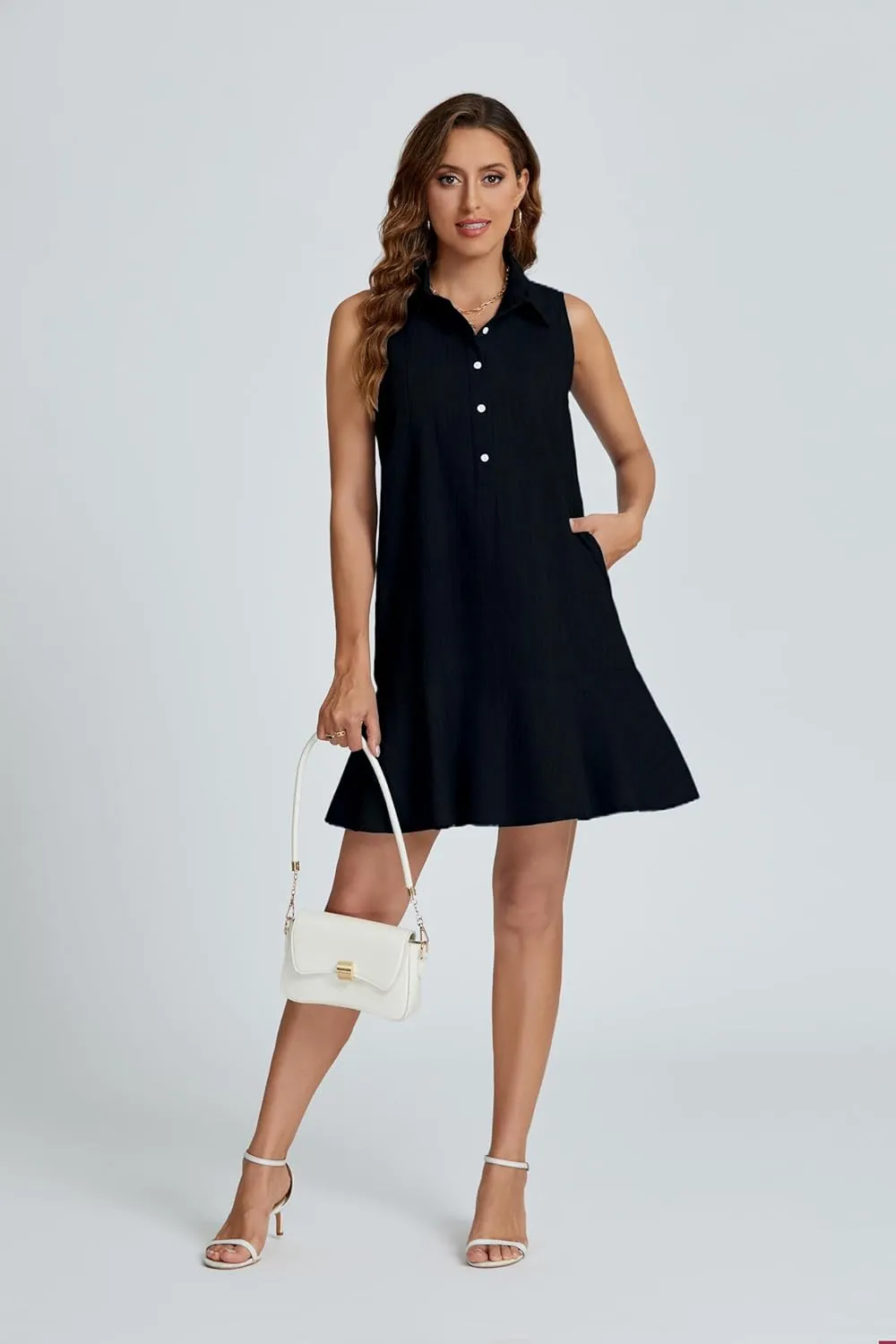 Womens Sleeveless Shirt Dress Ruffle Hem Cotton Tunic Tank Dress Button Up Swing Shift Mini Dresses