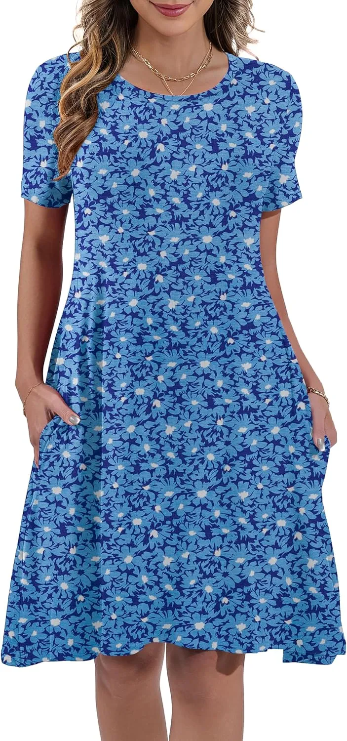 Women's Summer Casual Short Sleeve Crew Neck T Shirt Dresses Loose Swing with Pockets