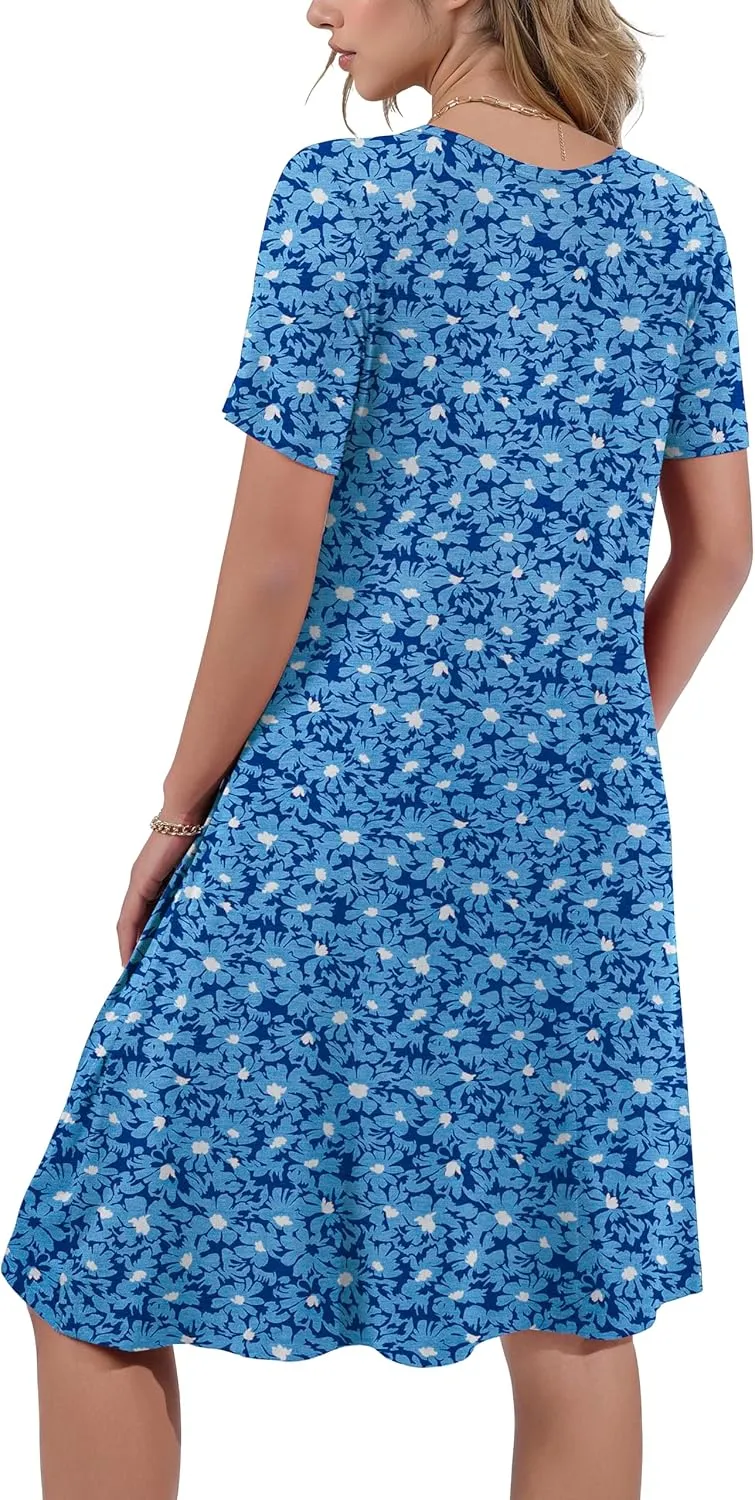 Women's Summer Casual Short Sleeve Crew Neck T Shirt Dresses Loose Swing with Pockets
