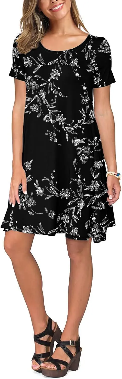 Women's Summer Casual Short Sleeve Crew Neck T Shirt Dresses Loose Swing with Pockets