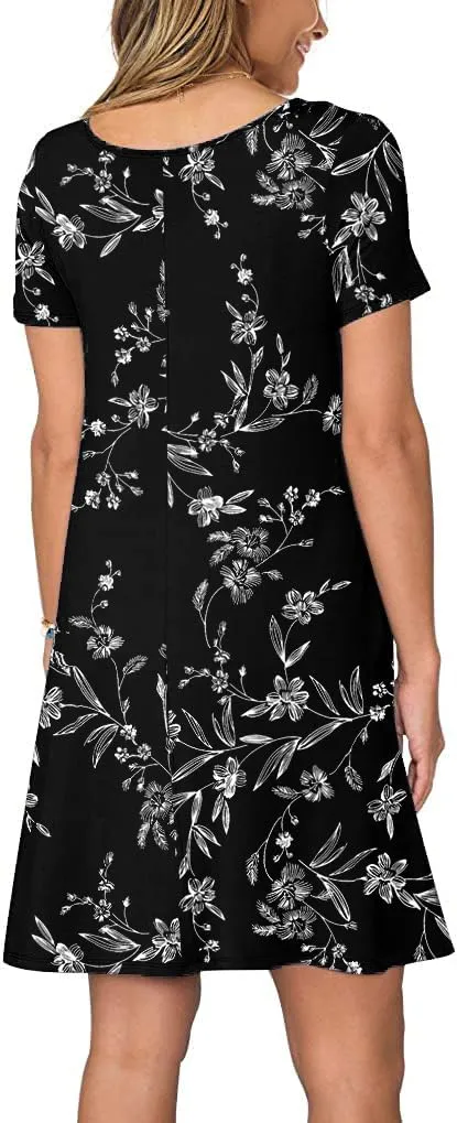 Women's Summer Casual Short Sleeve Crew Neck T Shirt Dresses Loose Swing with Pockets