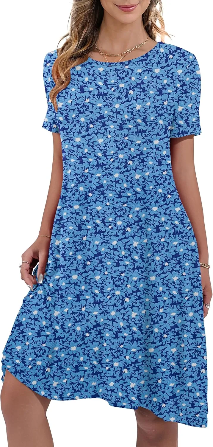 Women's Summer Casual Short Sleeve Crew Neck T Shirt Dresses Loose Swing with Pockets
